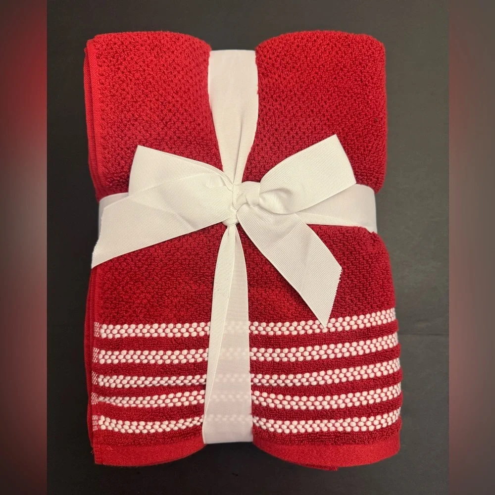 6pc TRULY LOU Oversized 100% Cotton Bath Towel Set - Berry Red/White - Holiday